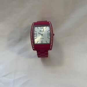 Geneva Platinum Womens Cuff Bracelet Watch Pink Rhinestone Bezel Silver